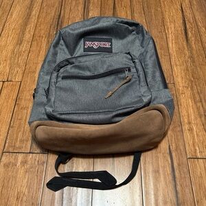 JanSport Backpack Cool Student Laptop Gray Faux Brown Leather Bottom
